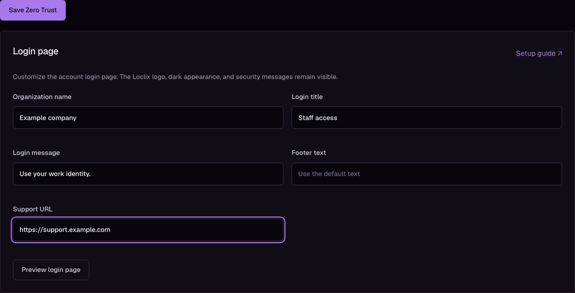 Account login page settings with organization name, title, message, footer text, support URL, and preview action.
