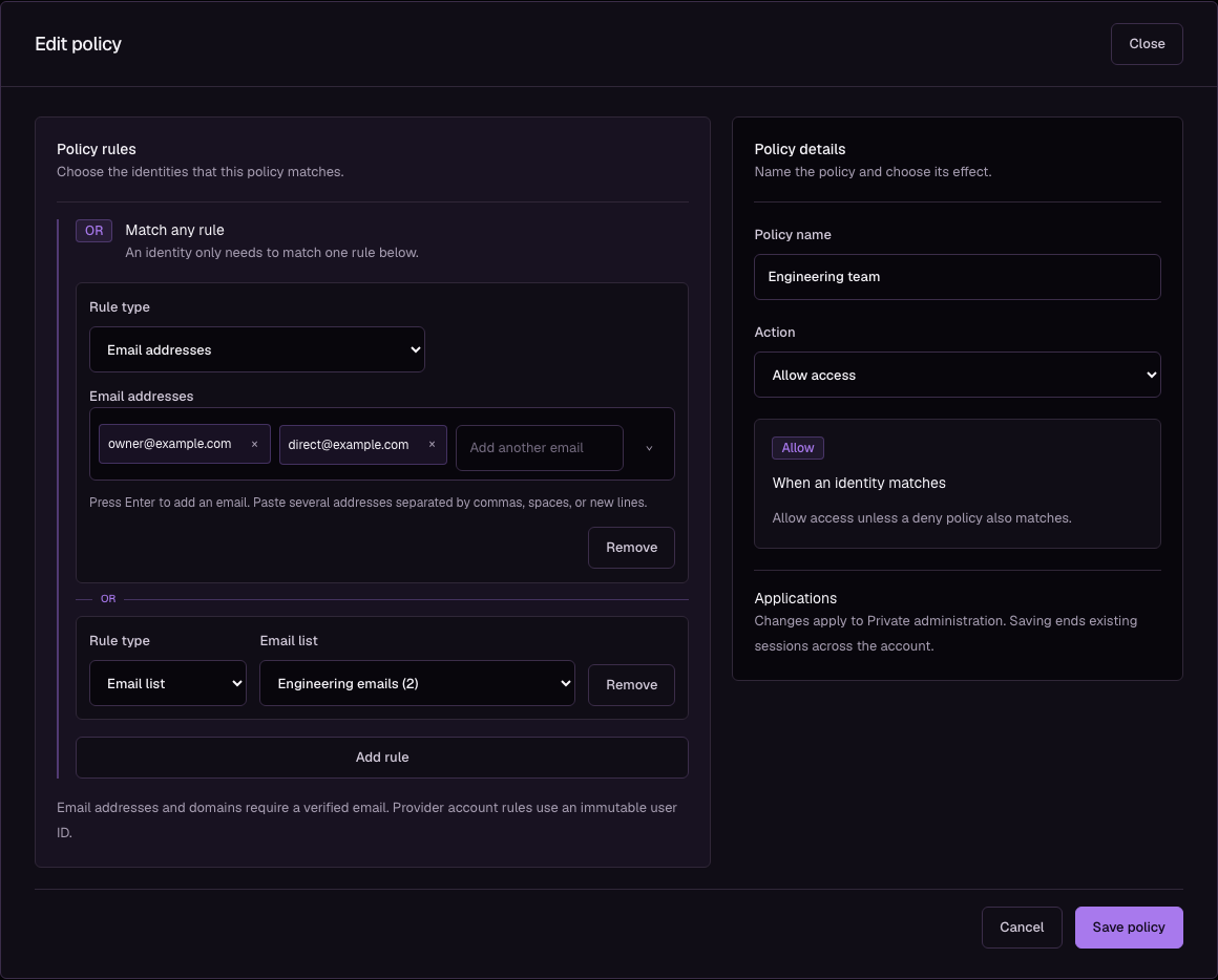 Policy builder with an Email list rule that selects a reusable account list.